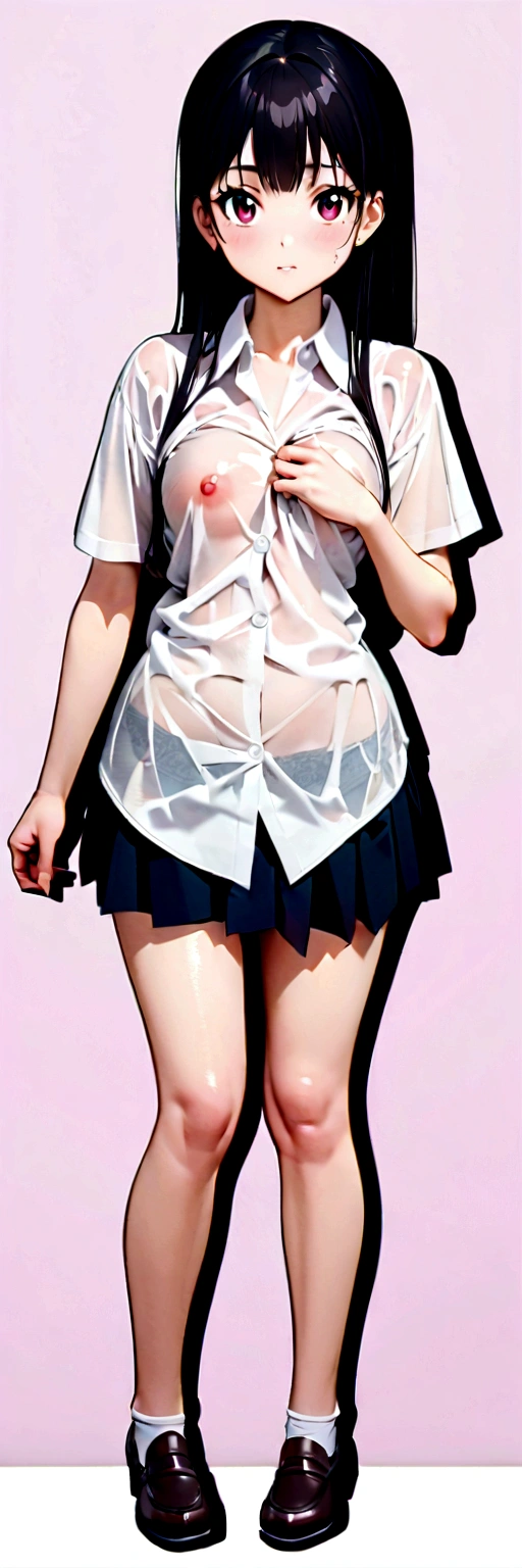 Nipples visible from white shirt, wet shirt, no panties, full body figure, black hair long straight, high school student, uniform, sexy, bra, Japan person, ,