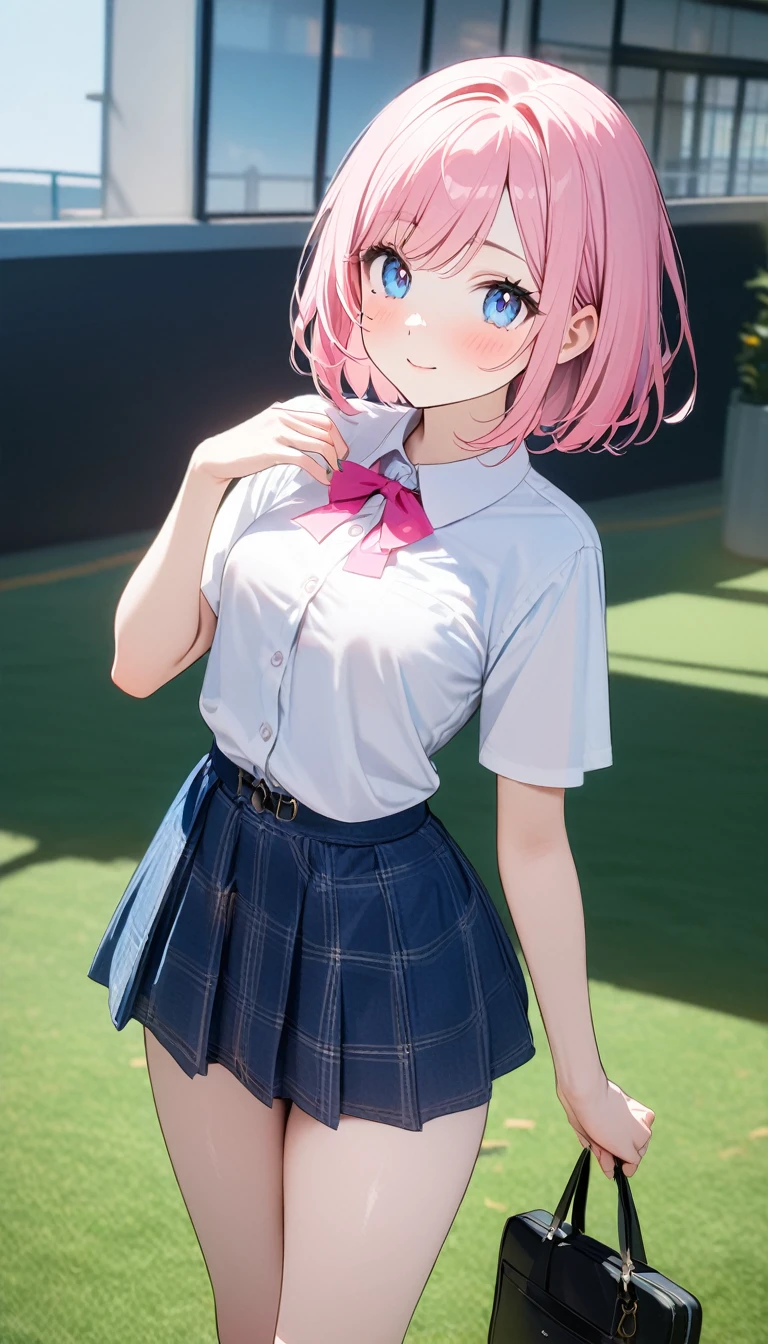 (1 girl),(Best Picture Quality, 8K, Masterpiece:1.3), (high school student:1.5), ((pink lob hair:1.1)), (bob cut),(swept bangs), (cute eyes, pupil black, iris skyblue, youthful face), (mole under right eye), (standard weight), (small breasts), (glistening skin:1.1),(pale skin:1.2), ((Geek chic fashion:1.4), white short sleeve simple shirt, darkblue skirt)),
