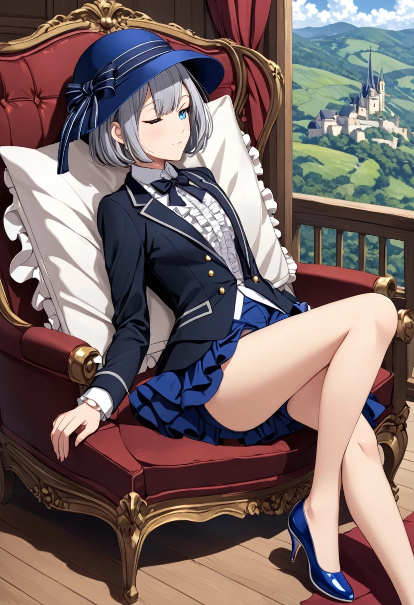 high quality, female,Gray Hair, Short Bob, Blue Eyes, Small breasts Shorts, french formal attire, Frill tie, Jacket, silk hat, Ruffled heels, Sleeping, hill