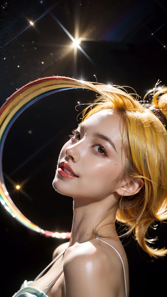 masterpiece,best quality,aesthetic,detailed face,subsurface scattering,high-angle view,
wrenchsfantasy,fantasy,1girl,photo of a cute girl,light smile,charming,20yo,messy hair.shaved sides,Canary yellow hair,glowing,cloud,colorful || starry,stars,
space_style,style-swirlmagic,style-sylvamagic,rainbow-candy,
thought, illustrious, fine detail, sharp focus, sublime, radiant, illumination, cinematic, complex, glowing, rich deep colors, ambient background, dynamic composition, magical, shiny, magnificent, epic, singular, glossy, focused, extremely, illuminated, brilliant, incredible, amazing, symmetry, detailed, great intricate, elegant