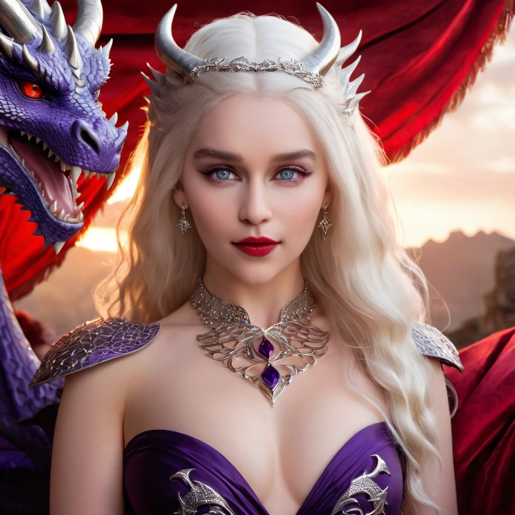 Queen of the White Dragon, young woman, "EMÍLIACLARKE", elegant black dress, large breast, Curvy, hair blonde targaryen, Super Long Hair, soft facial features, White dragon horns on his head, majestic woman, silver jewelry decoration on her red dress, Silver Star Queen, Big violet eyes, nud lips, White dragons, starly sky