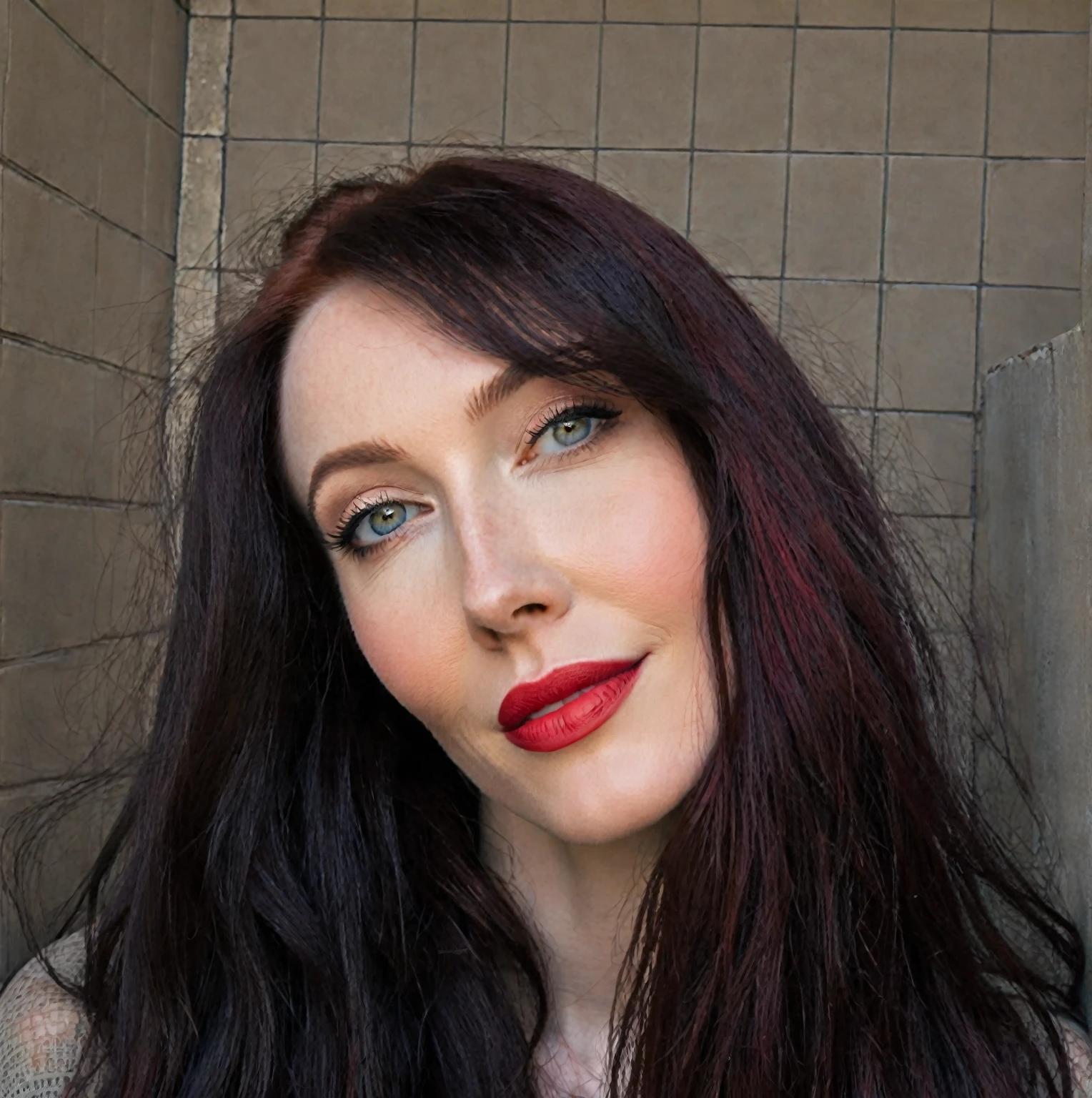 arafed woman with long dark hair and red hair, with pale skin, soft smile, profile image, looking to the side off camera, high quality portrait, pale skin and dark eyes, color portrait, looking to the side, portrait image, sultry look, anastasia ovchinnikova, inspired by Jessie Alexandra Dick, headshot profile picture, tiffany dover