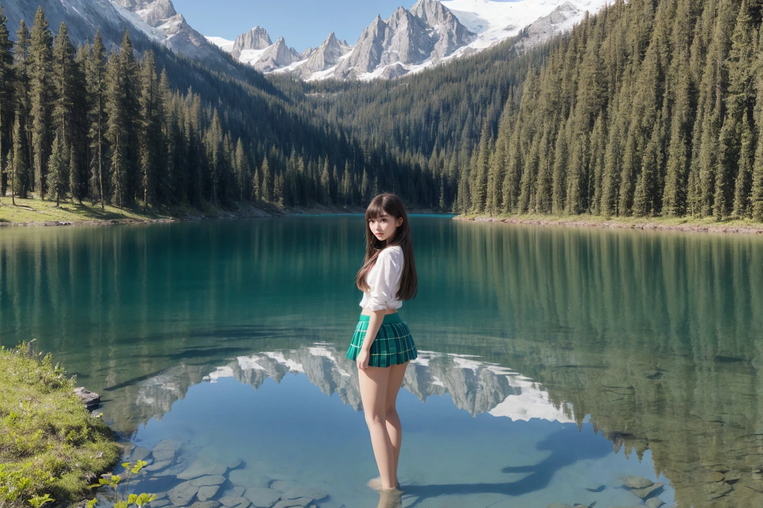One girl,alone,Long Hair(( Beautiful legs in a mini skirt)) Emerald Lake Background　Photo style　Real　Realistic
