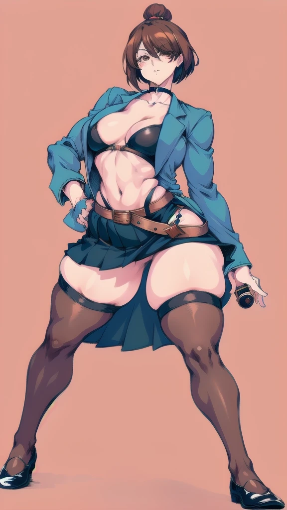 Full body image of Nobara Kugisaki, full body in image, wearing her original  (dark blue jacket and skirt, brown belt, black stockings, and brown shoes), short hair, female body, curvy body, dynamic pose, detailed pose, simple background, expressive face, focus on face, line art, sketch