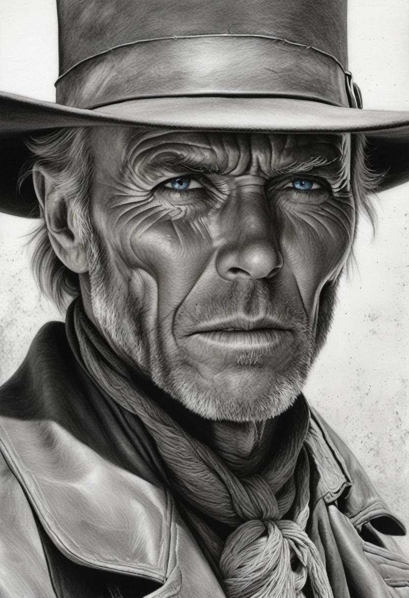 zoom portrait, [:light Blue:15] eyes, Intricate lines, highly detailed, B&EM, monochrome, black and white, graphite, pencil painting, charcoal, (High contrast:1.1), An Old West gunslinger, with a determined look and a gun in his he. The image is inspired by the works of Clint Eastwood, such as "The Lone Gunman" and "The Good, the Bad and the Ugly". The gunslinger must have an air of mystery and danger, as if he were about to face a deadly duel. Colors must be vibrant and contrasting, like those of Alphonse Mucha. The details must be delicate and complex, like Mucha's. The strokes should be thick and almost erased, like street art prints. The lines that delimit shapes should privilege more gross and straight angles.