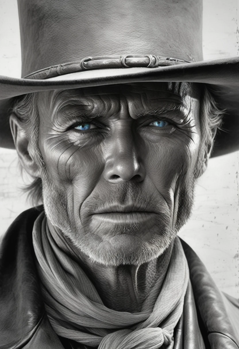 zoom portrait, [:light Blue:15] eyes, Intricate lines, highly detailed, B&EM, monochrome, black and white, graphite, pencil painting, charcoal, (High contrast:1.1), An Old West gunslinger, with a determined look and a gun in his he. The image is inspired by the works of Clint Eastwood, such as "The Lone Gunman" and "The Good, the Bad and the Ugly". The gunslinger must have an air of mystery and danger, as if he were about to face a deadly duel. Colors must be vibrant and contrasting, like those of Alphonse Mucha. The details must be delicate and complex, like Mucha's. The strokes should be thick and almost erased, like street art prints. The lines that delimit shapes should privilege more gross and straight angles.