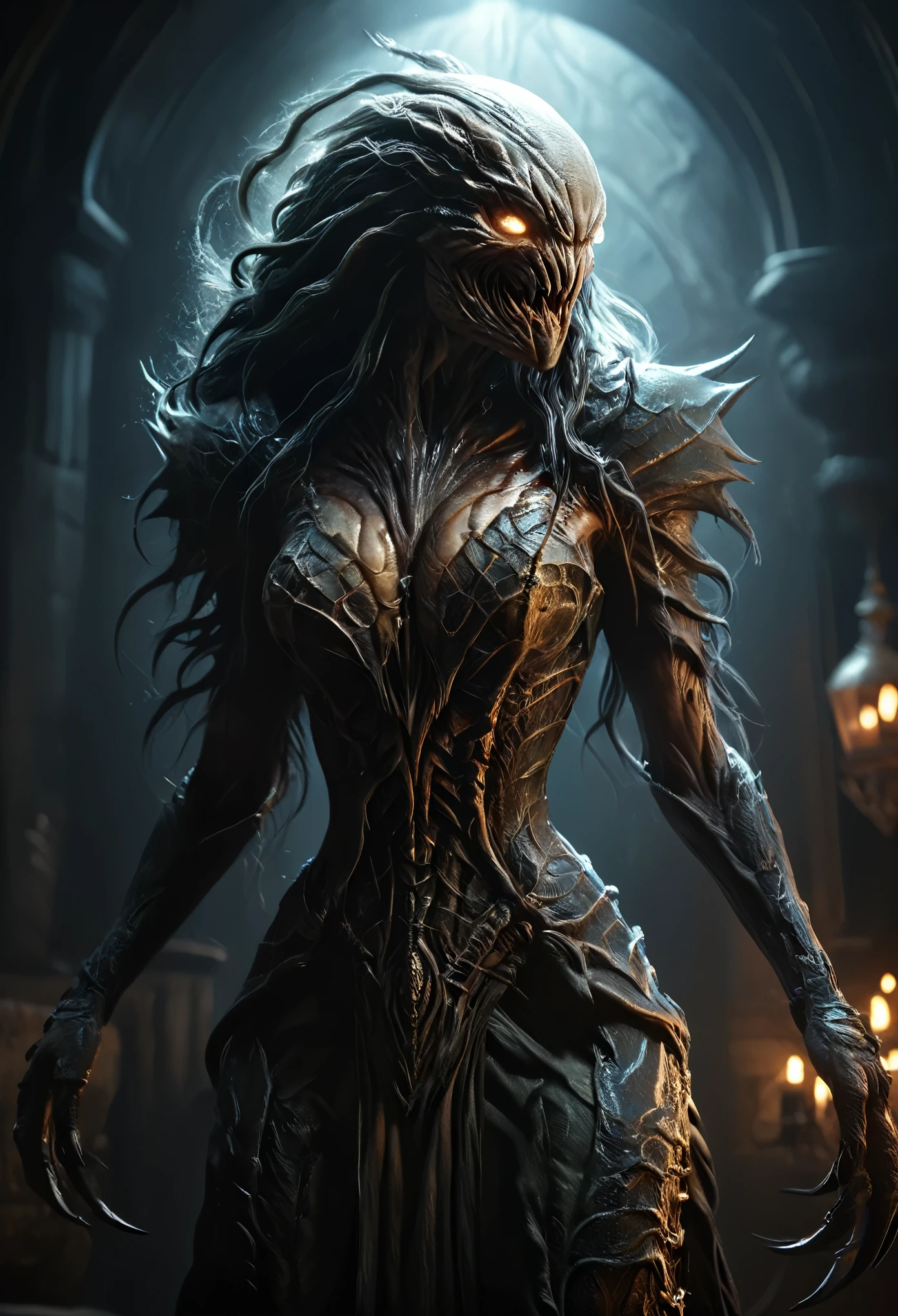 a monstrous humanoid woman, white monster, fangs, claws, four arms, intricate detailed design, dark fantasy, cinematic dramatic lighting, highly detailed, photorealistic, 8k, (best quality:1.2), hyper realistic, (masterpiece:1.4), dark foreboding atmosphere, surreal, chiaroscuro lighting, moody shadows, deep blacks, dramatic highlights, gothic horror, (realistic,photorealistic,photo-realistic:1.37), (She is half French, and is a stunning beauty with detailed eyes and a high nose:1.1), thick eyebrows, detailed facial features, long graceful neck, flowing locks of hair, poised and elegant posture, dreamy atmosphere, Surrealism, mystical aura, Charlie Bowater,