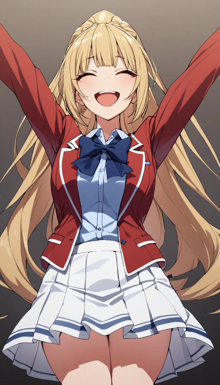 masterpiece, best quality, highres, ponytail hair, (single braid:1.2), hair ribbon, red blazer,buttoned blazer, blue bowtie, white skirt,smile,jumping ,from front,background the sky,spread arms ,arms hold up, 