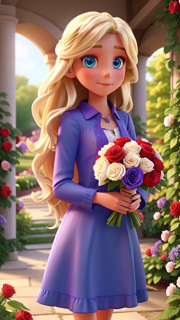 long hair blonde, blue colored eyes, holding a bouquet of red roses, wearing a purple dress in a garden