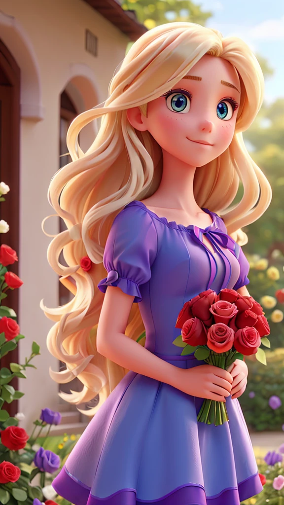 long hair blonde, blue colored eyes, holding a bouquet of red roses, wearing a purple dress in a garden