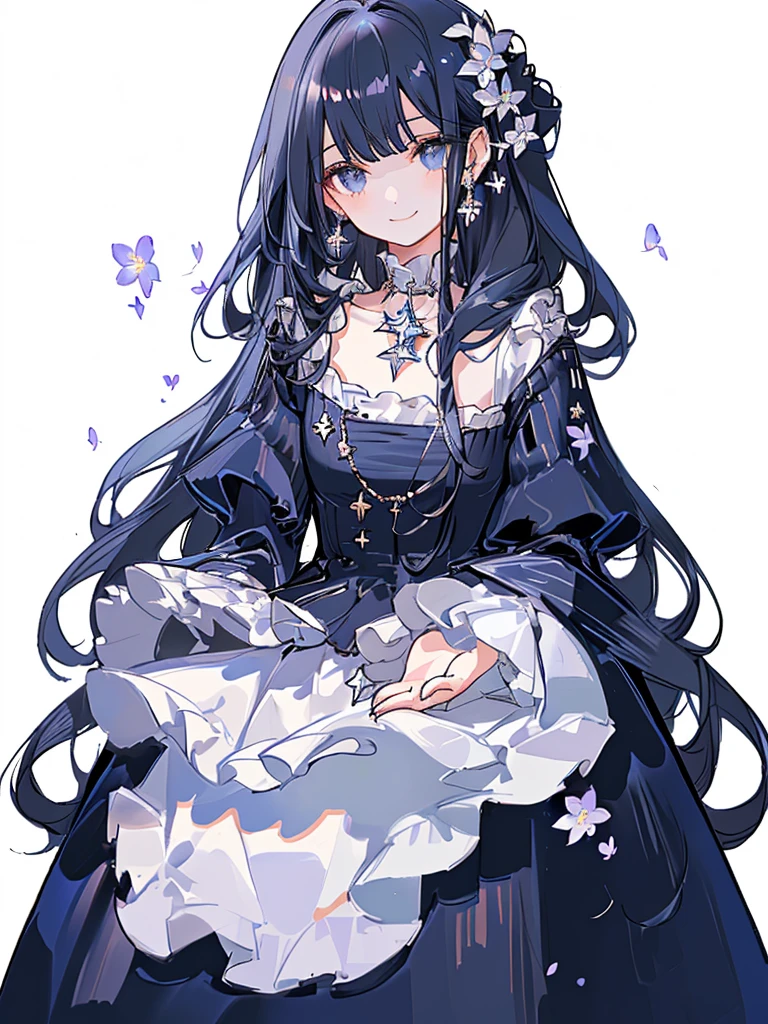 (masterpiece),(top-quality),(ultra-detailed),(high resolution),(in 8K animation),(beautifull detailed face),(beatiful detailed eyes),(anatomically correct),(Keep your head small),1girl,black hair,wavy hair,(round big eyes),blunt bangs,[violet eyes:(gold eyes):0.55],gently smile,white dress,(flowers),(forest),(starry night)