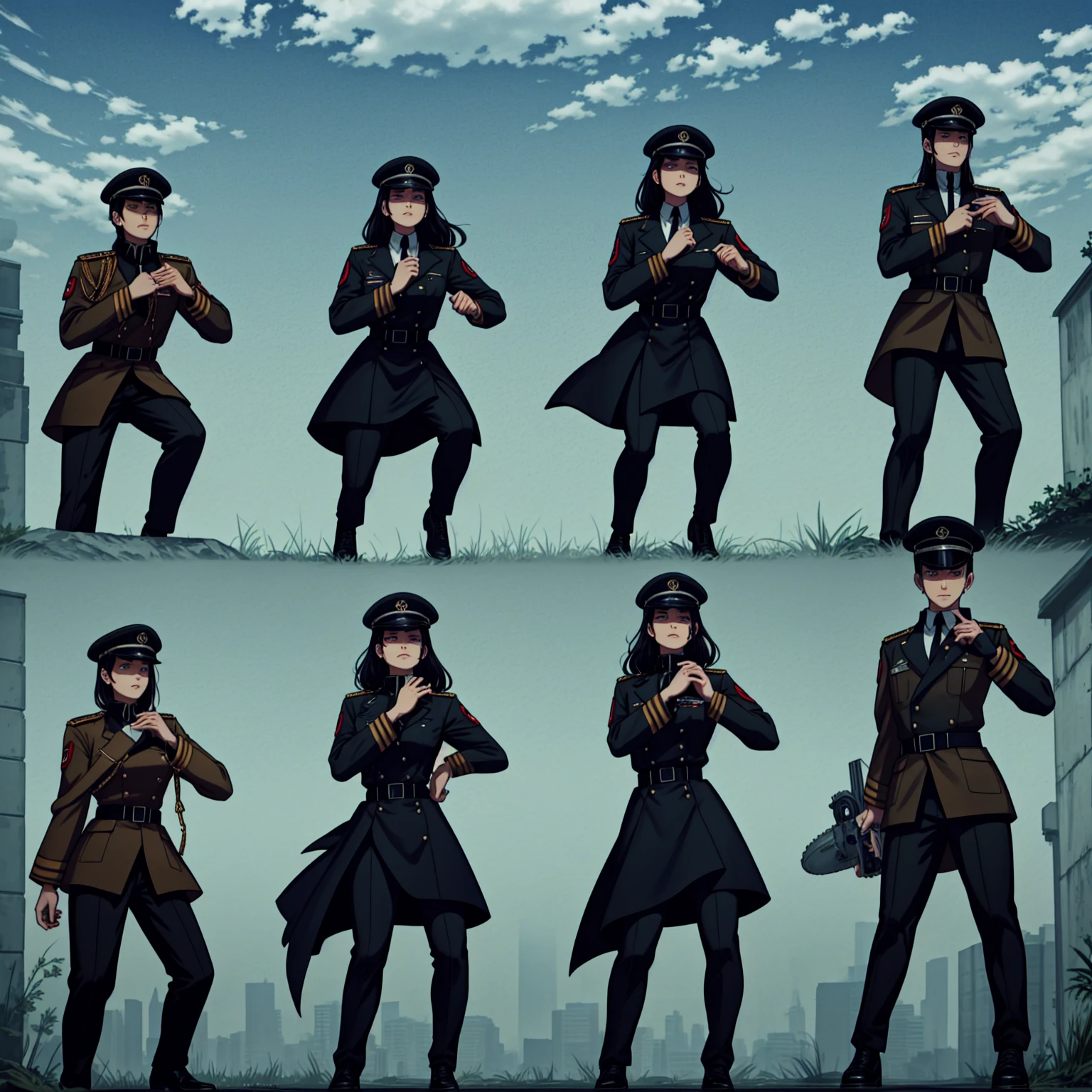 (masterpiece, best quality: 1.2), Alone, 1girl, Yoru \(Chainsaw Man\), looking at the viewer, different poses, red eye, long hair, completely black hair, reference to clothing of a German WWII general, black long sleeves (best quality), scar on face, beautiful eyes, has only 2 arms, has war medals on his clothes, Black Military Cap, Golden Eagle Medal on Clothing, (wallpaper), (8k hd), (8k hd), Golden Shoulder Pads, sprites, 1 single design (Masterpiece, Best Quality: 1.2), Alone, 1girl, Yoru \(Chainsaw Man\), looking at the viewer, SMILE, evil, DIFFERENT POSES, red eye, long hair, completely black hair, reference to clothing of a German general from World War II, black long sleeves (Best Quality), scar on face, Beautiful eyes, He only has 2 arms, He has war medals on his clothes, Black military cap, Golden Eagle Medal in Dress, (wallpaper), (8k hd), (8k hd), golden shoulder pads, sprites, 1 single design