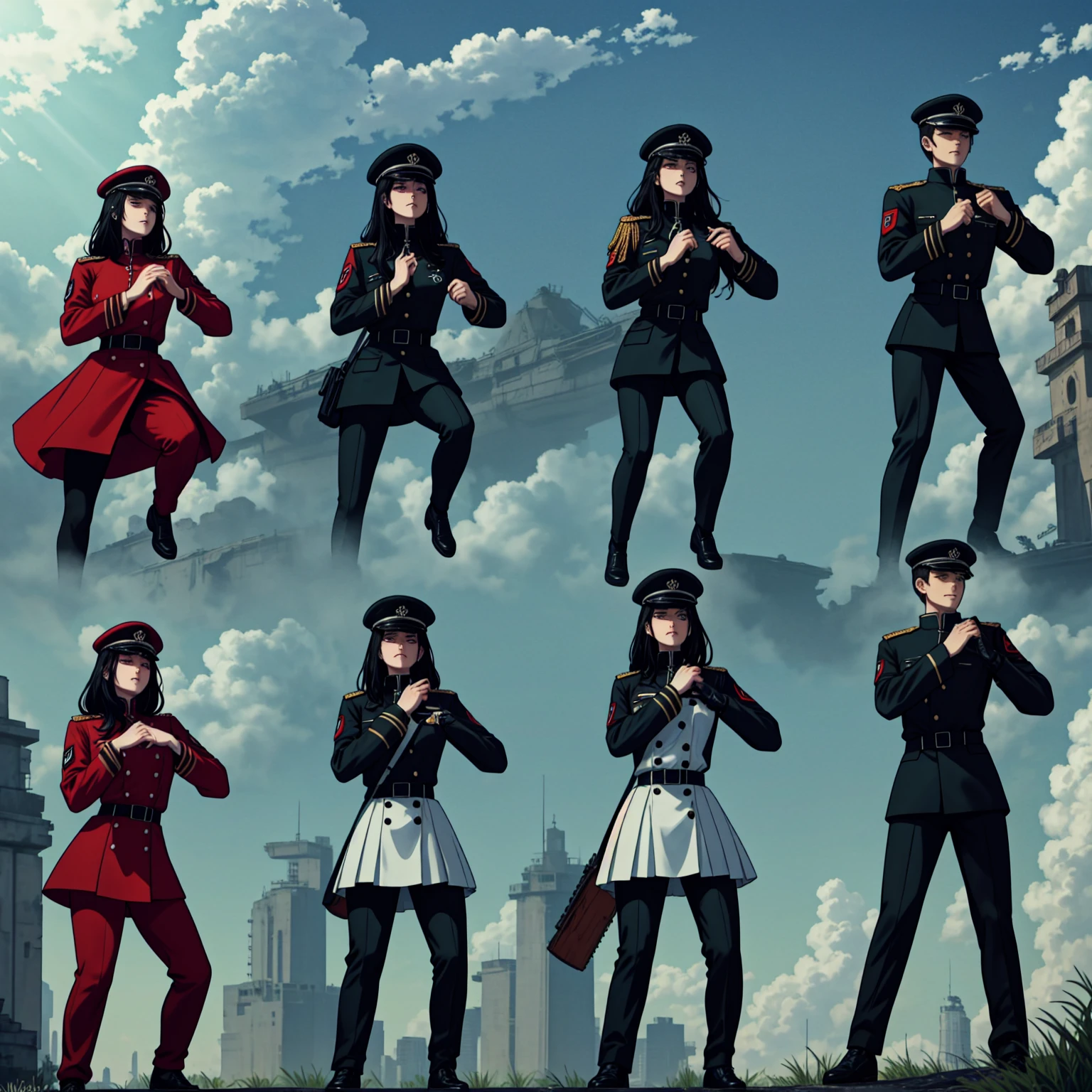 (masterpiece, best quality: 1.2), Alone, 1girl, Yoru \(Chainsaw Man\), looking at the viewer, different poses, red eye, long hair, completely black hair, reference to clothing of a German WWII general, black long sleeves (best quality), scar on face, beautiful eyes, has only 2 arms, has war medals on his clothes, Black Military Cap, Golden Eagle Medal on Clothing, (wallpaper), (8k hd), (8k hd), Golden Shoulder Pads, sprites, 1 single design (Masterpiece, Best Quality: 1.2), Alone, 1girl, Yoru \(Chainsaw Man\), looking at the viewer, SMILE, evil, DIFFERENT POSES, red eye, long hair, completely black hair, reference to clothing of a German general from World War II, black long sleeves (Best Quality), scar on face, Beautiful eyes, He only has 2 arms, He has war medals on his clothes, Black military cap, Golden Eagle Medal in Dress, (wallpaper), (8k hd), (8k hd), golden shoulder pads, sprites, 1 single design