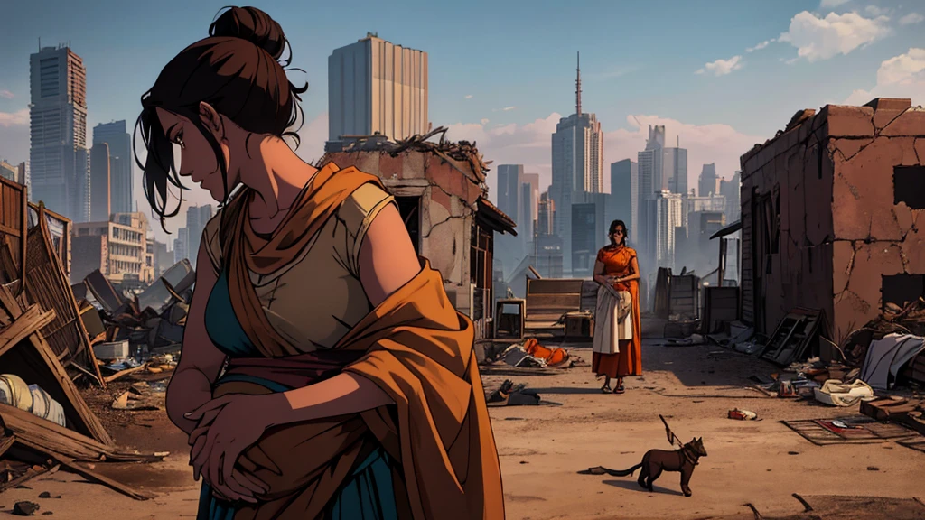 python
prompt = "A desolate, post-apocalyptic landscape in the year 3500, set in the midst of the Kali Yuga. The atmosphere is thick with pollution, and the air is filled with toxic fumes. Ruins of once-great cities litter the horizon, with crumbling skyscrapers and twisted metal debris. The sky is a deep, fiery red, with dark clouds of smoke and ash billowing upwards.
In the foreground, a couple, both worn and weary, scavenge for food and utilities amidst the rubble. The woman, Nalini, visibly pregnant, rummages through a dumpster, her dark brown eyes scanning for anything edible or useful. Her long, dark hair is tied back in a loose bun, and her warm, golden brown skin is smudged with dirt and grime. She wears a worn, orange-colored sari, torn and frayed at the edges.
Her partner, Kavi, gaunt and exhausted, searches nearby, his dark brown eyes fixed on the horizon, ever vigilant for potential threats. His dark hair is messy and unkempt, and his warm, golden brown skin is weathered and dry. He wears a worn, white kurta, torn and frayed at the edges.
Nearby, a pregnant horse, its coat dull and matted, grazes on a patch of withered grass. The horse's eyes are sunken, its ribs visible beneath its skin, a testament to the harsh conditions of this unforgiving world.
The couple's makeshift shelter, a tattered tent, lies nearby, surrounded by a scattering of scavenged items: broken machinery, discarded tools, and scraps of fabric. The air is heavy with the weight of desperation, as if the very act of survival has become a daily struggle.
Nalini's pregnancy serves as a poignant reminder of the future, and the uncertainty that lies ahead. Will their be born into a world of hope and renewal, or will it inherit a desolate, barren landscape?
The overall mood is one of gritty resilience, as the couple clings to life, and to each other, in a world that seems determined to destroy them. The image should evoke a sense of empathy and concern for the characters, as well