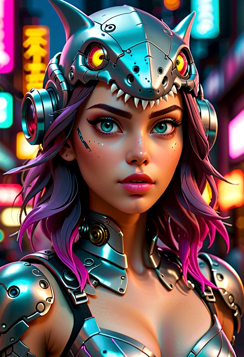 A cyberpunk girl wearing a shark-head mecha, beautiful detailed eyes, beautiful detailed lips, extremely detailed eyes and face, long eyelashes, intricate futuristic machinery, glowing neon lights, dynamic pose, cinematic lighting, vibrant neon colors, hyper-detailed, 4k, 8k, photorealistic, masterpiece