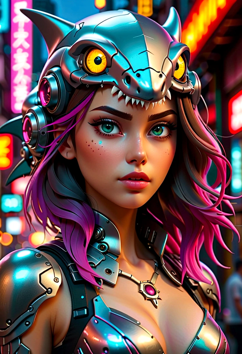 A cyberpunk girl wearing a shark-head mecha, beautiful detailed eyes, beautiful detailed lips, extremely detailed eyes and face, long eyelashes, intricate futuristic machinery, glowing neon lights, dynamic pose, cinematic lighting, vibrant neon colors, hyper-detailed, 4k, 8k, photorealistic, masterpiece