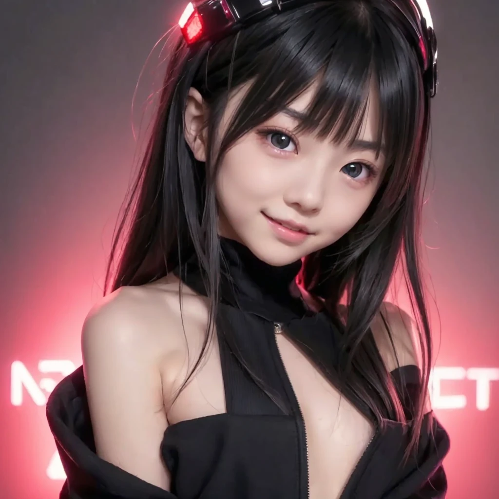 (((Beautiful girl small breasts))), Japanese girl、Wearing a black jacket、(((Black gloves)))、Long Hair,、Cyberpunk Red Green Background、(((Upper body naked))),smile,,、Round face,Big eyes, Round eyes、No makeup、Sweaty