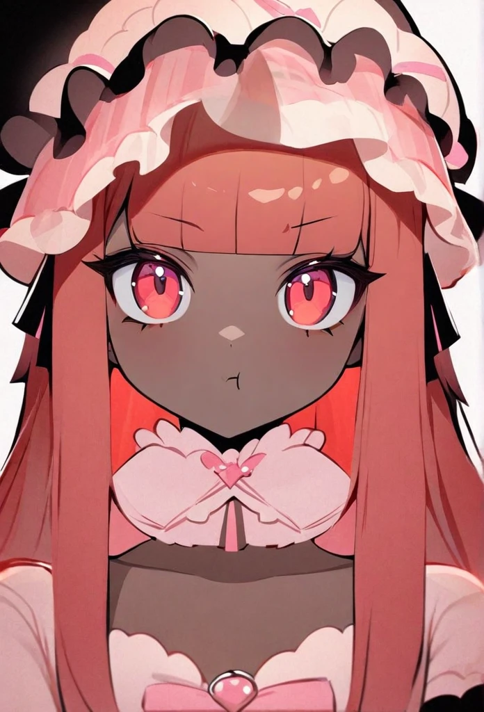 absurdres, best quality, 1girl, solo, looking at viewer, eye focus,  LucoaDM, CasualCL, pink lolita dress,straight red hair,straight bangs,lolita bonnet,pout,petals,brown skin,white background,black outline,full body