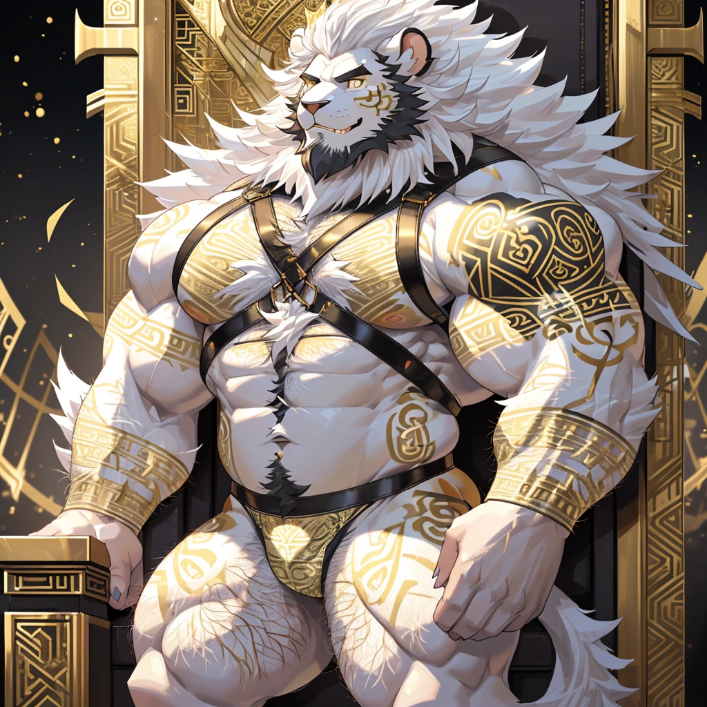 masterpiece, upload e621, ultra detailed, multicolored eyes, deity being, Anthro((dramatic))epic, extreme full viewing with a powerful composition panorama, absurdres, Perfect Anatomy, magnificent picture, (ultra detailed), sharp focus, niji, eyesgod, yellow eyes, furry bara, full body view, ((hairy white thick mane, chest hair:1.5)), black fur, gold eyesbrown, anthro (lion), male, mature, (white fur:2), white belly, (golden tattoo:1.4), nsfw, (golden black harness:1.6), (golden thong:1.6), thick thighs, muscle legs, big bicep, ultra detailed face, depth of field, motion blur,(yellow radiant aura:1.3), (gold patterns:2), high details, high quality, award winning, HD, 16k, (best quality, 4k,8k,highres, masterpiece:1.2), ultra-detailed, realistic:1.37,HDR,UHD, studio lighting, extreme detail description, professional, vivid colors, bokeh, lively atmosphere, natural lighting, ((extremely bodybuilder)), (golden throne:1.4) (handsome face:2), (dominator king:1.6), (Excessive obesity, Obesity in the extremities:0.9), (ethereal, dreamy, illusion, fantasy), official art, video games, digitigrade, 16k wallpaper, HD, upload e621, (satisfied art:1.5), 1080p