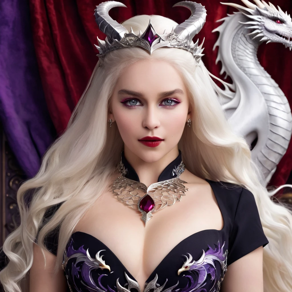 Queen of the White Dragon, young woman, "EMÍLIACLARKE", elegant black dress, large breast, Curvy, hair blonde targaryen, Super Long Hair, soft facial features, White dragon horns on his head, majestic woman, silver jewelry decoration on her red dress, Silver Star Queen, Big violet eyes, nud lips, White dragons, starly sky