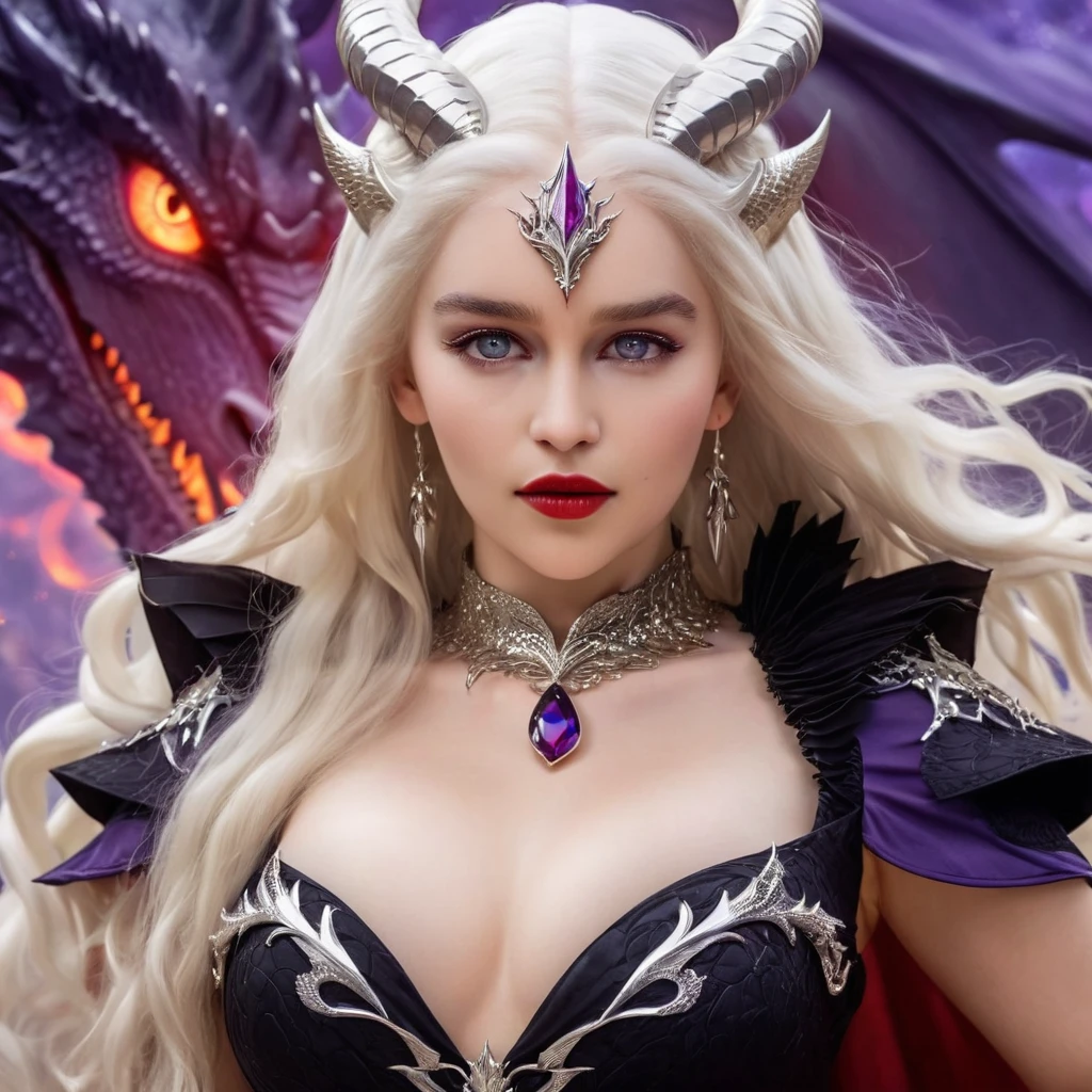 Queen of the White Dragon, young woman, "EMÍLIACLARKE", elegant black dress, large breast, Curvy, hair blonde targaryen, Super Long Hair, soft facial features, White dragon horns on his head, majestic woman, silver jewelry decoration on her red dress, Silver Star Queen, Big violet eyes, nud lips, White dragons, starly sky