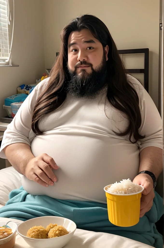 A fat man with long hair is eating rice balls at his bedside