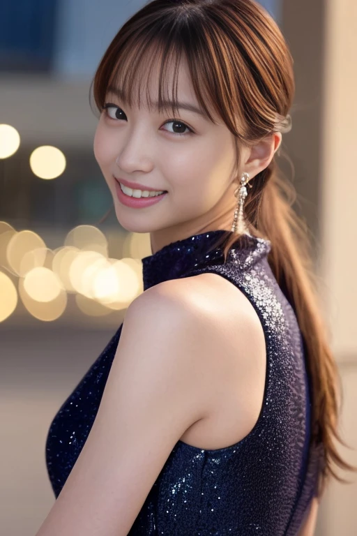 One girl, upper body, (in sleeveless sparkling evening dress:1.2), (RAW photo, best quality), (realistic, photo-realistic:1.4), masterpiece, very delicate and beautiful, highly detailed, 2k wallpaper, wonderful, finely detailed, highly detailed CG unity 8k Wallpaper, super detailed, high resolution, soft light, beautifully detailed girl, highly detailed eyes and face, beautifully detailed nose, beautifully detailed eyes, film lighting, night city lights, perfect anatomy, slender body, smile