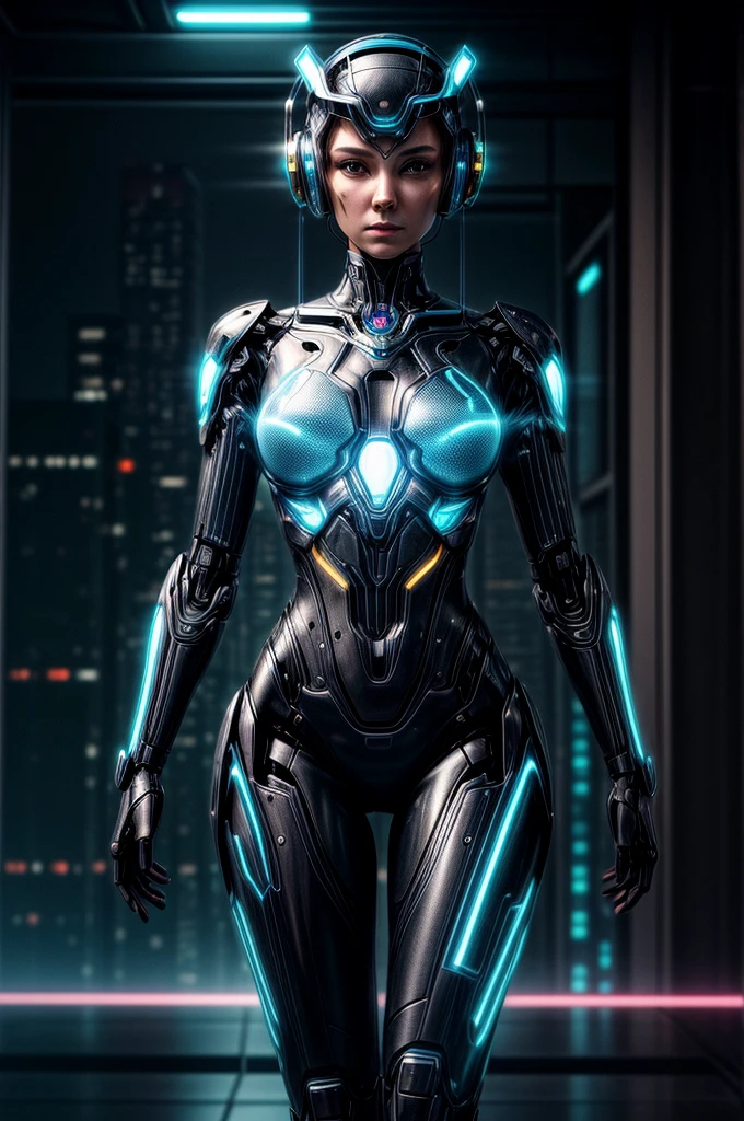 "Cybergenesis: The Awakening"
A female AI humanoid robot stands in a dimly lit, futuristic setting. Her face is a captivating blend of human-like features and metallic components. Her skin appears lifelike, with a subtle glow, but upon closer inspection, it reveals intricate circuits and wires beneath the surface.
Her eyes are piercing and intelligent, with a hint of curiosity and self-awareness. A metallic headpiece adorns her head, partially obscuring her face and giving her an otherworldly appearance.
The robot's body is a seamless integration of organic and inorganic elements. Her torso is covered in a sleek, metallic exoskeleton, with visible joints and hinges that allow for fluid movement. Wires and circuits snake across her abdomen, pulsing with a faint blue light.
Her arms and legs are a mix of human-like limbs and robotic parts. Metallic fingers end in sharp, pointed tips, while her legs are a combination of synthetic muscles and hydraulic joints.
The background is a futuristic cityscape, with towering skyscrapers and a hazy, neon-lit sky. The robot stands in the foreground, her gaze fixed on the viewer, as if contemplating her own existence and the blurred line between humanity and technology.
The image captures the essence of a being caught between two worlds, a creation that challenges the boundaries of what it means to be human and what it means to be machine.