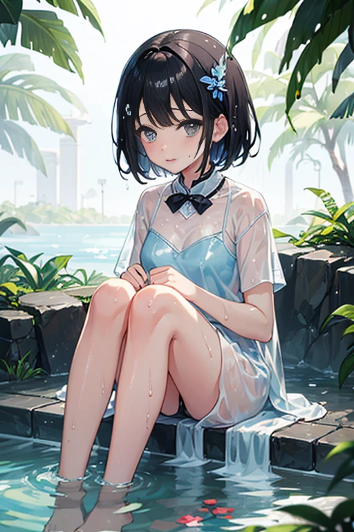 Highest quality、Black Hair、Iris、short hair、girl、cute、、、Small hair ornament、1 person、Cute clothes、Soaking wet、soaked、Wet and see-through、Covered in lotion、Slimy、Sticky、Shiny