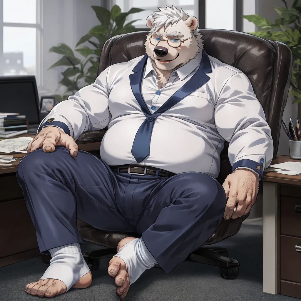 chubby polar bear male dad office suit white shirt slighly well built , blue eyes glasses, head crest white hair, levitating relaxing spread legs, five toes with white ankle sock, disney profile, full body smug , kemono , high quality , by rossciaco