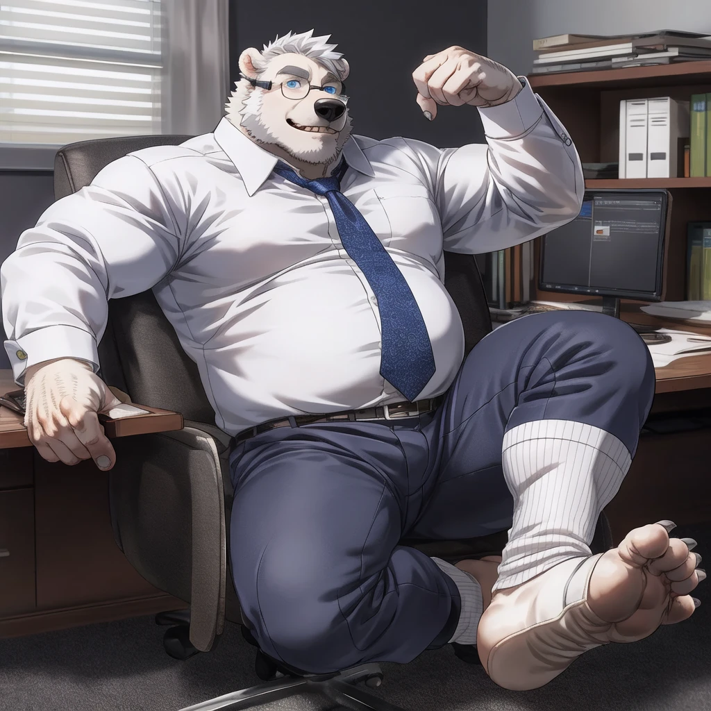 chubby polar bear male dad office suit white shirt slighly well built , blue eyes glasses, head crest white hair, levitating relaxing spread legs, five toes with white ankle sock, disney profile, full body smug , kemono , high quality , by rossciaco