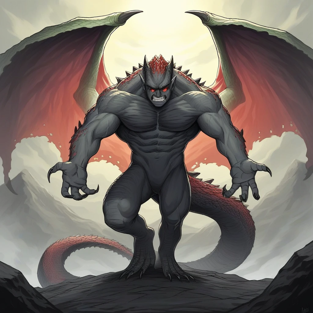 score_9, score_8_up, score_7_up, score_6_up, source_anime, rating_questionable.
((((Gorgon)))), (((Muscular male))), (((half serpent))), serpentine, ((((terrifying monster)))), Greek Mythology, (((dark, scaly, reptilian skin))), ((cracked skin)), ((sharp teeth)), ((claws)), ((spikes)), (((Demonic wings))), (((horns))), (glowing red eyes), ((((volcanic eruptions in the background)))), ((((rage unleashed)))), ((((Volcanoes)))), ((((Earthquakes))))