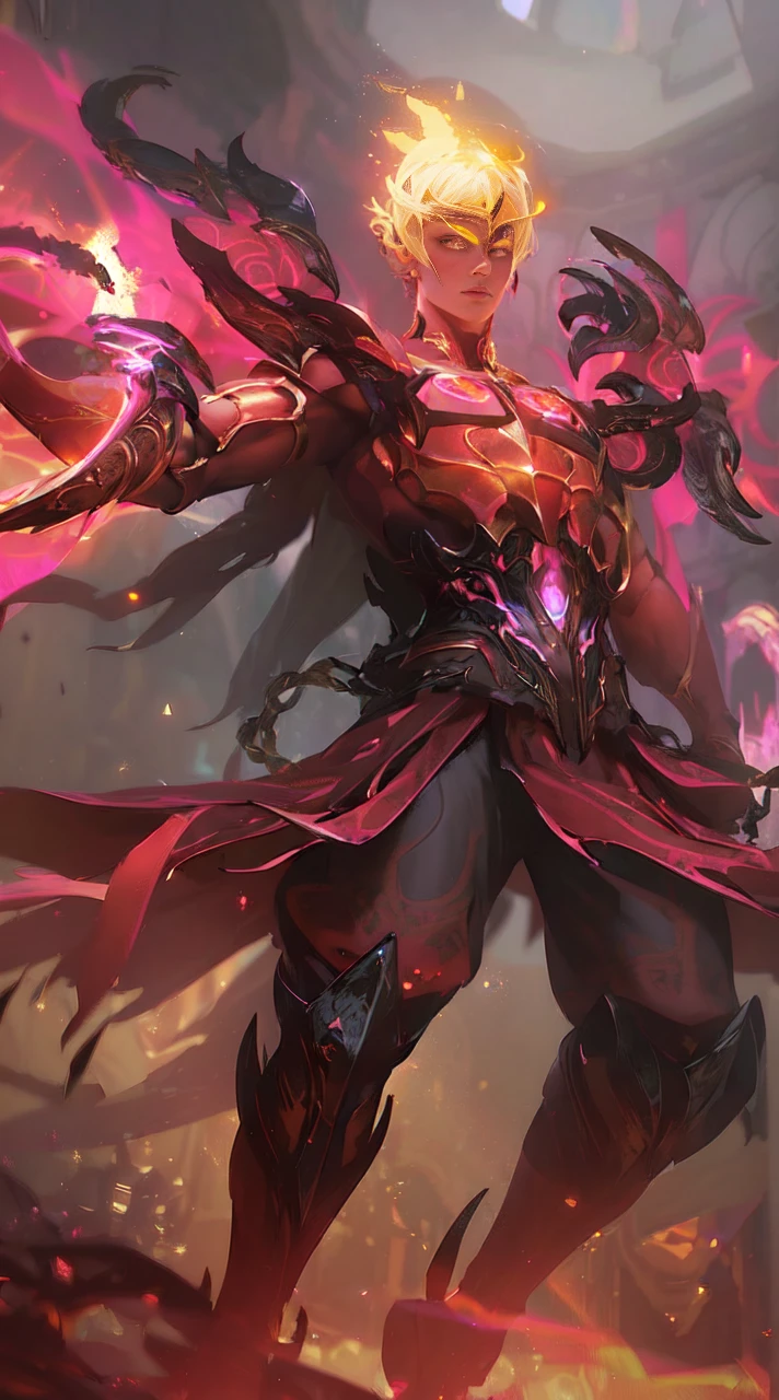 upper body of paladin lady in ornate golden armor, black collar, pauldrons, breastplate, corset, glowing halo, single braid, blonde, yellow glowing eyes, bright pupils, eye focus, red cape, temple indoors, stained glass windows, night, moonlight, particles, light beam, chromatic aberration