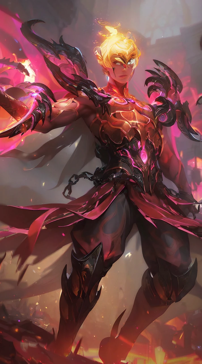 upper body of paladin lady in ornate golden armor, black collar, pauldrons, breastplate, corset, glowing halo, single braid, blonde, yellow glowing eyes, bright pupils, eye focus, red cape, temple indoors, stained glass windows, night, moonlight, particles, light beam, chromatic aberration