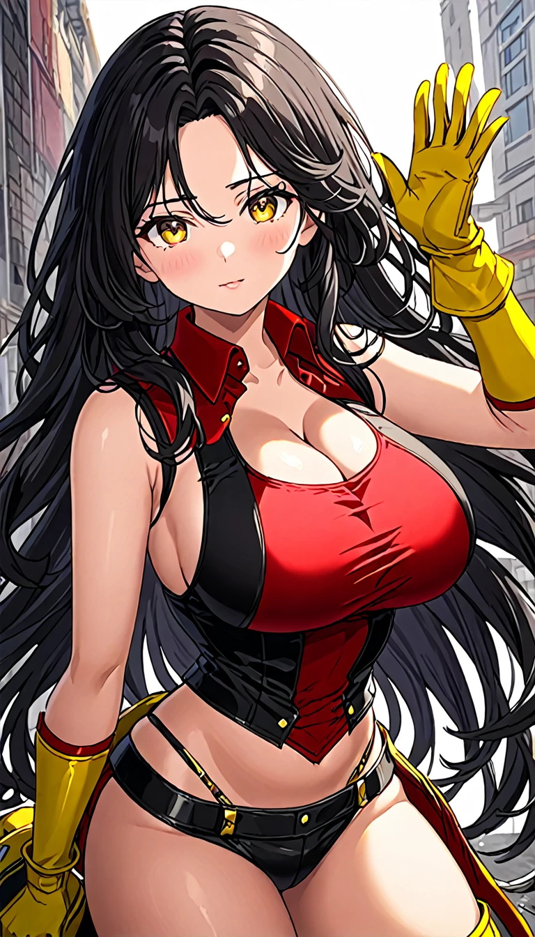 A cute sexy girl beautiful beautiful big breast long wavy black hair her brown eye wears a red blouse under a black vest shows navel and a red thong long yellow boot yellow metal gloves