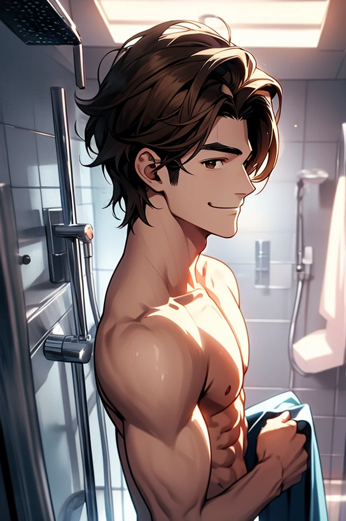 fantasy anime style, man with brown hair and brown eyes with his face covered with a smiling mask, good physique, without clothes, taking a shower