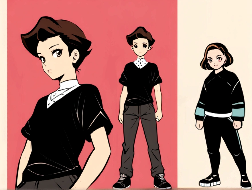 [by Artgerm and WLOP and Ilya Kuvshinov and RHADS and Loish and Rossdraws] by artist "anime", Anime Key Visual, Japanese Manga, Pixiv, Zerochan, Anime art, Fantia, young man with 20 years of short brown hair, (((full body))), black shirt, slim, Corte quiff