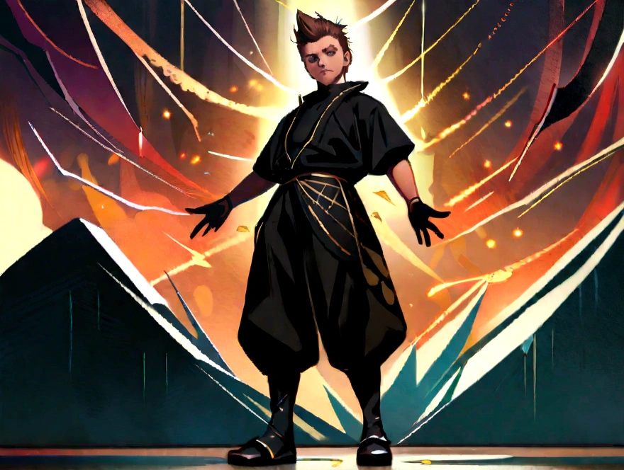 [by Artgerm and WLOP and Ilya Kuvshinov and RHADS and Loish and Rossdraws] by artist "anime", Anime Key Visual, Japanese Manga, Pixiv, Zerochan, Anime art, Fantia, young man with 20 years of short brown hair, (((full body))), black shirt, slim, Corte quiff