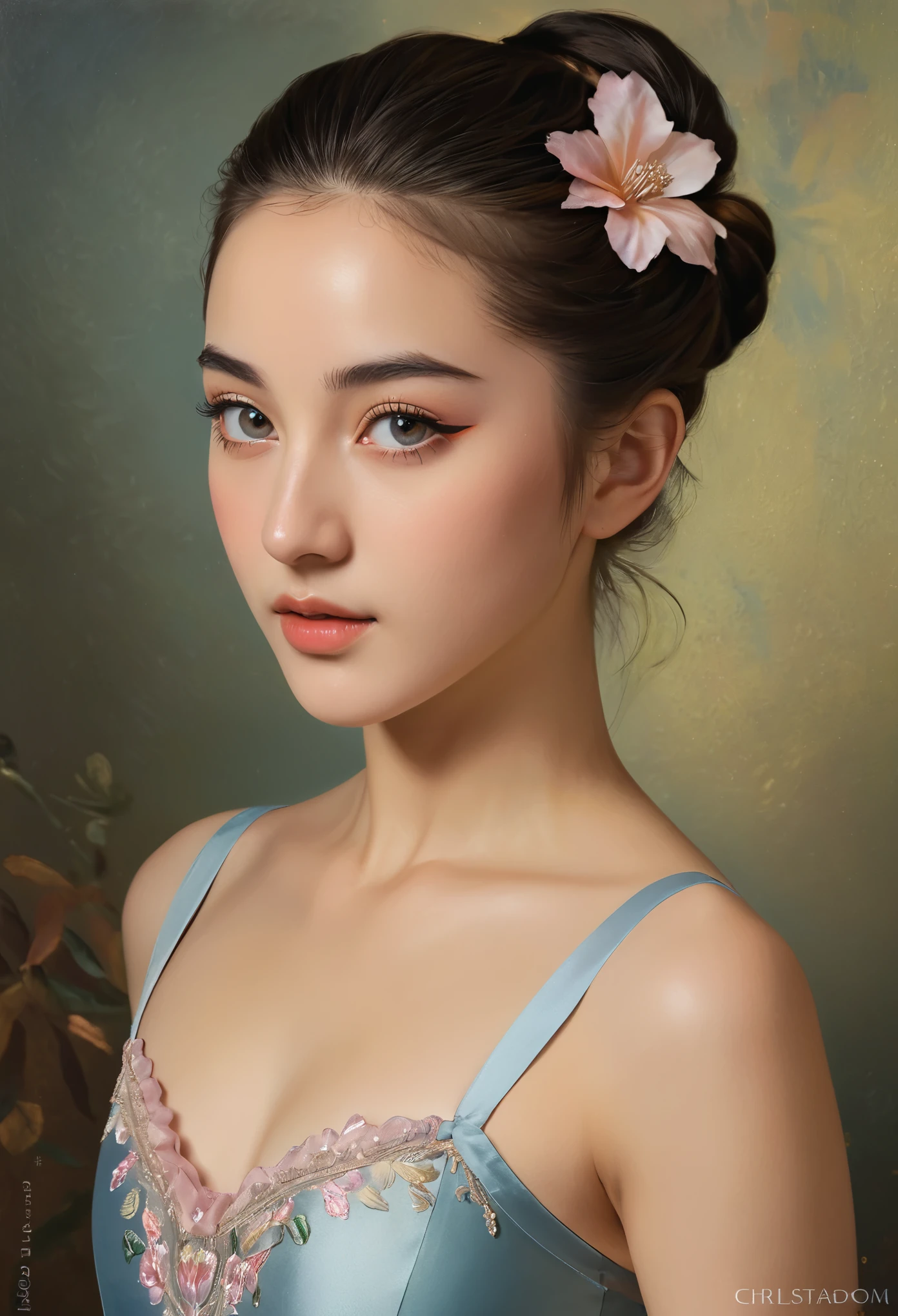 (highres,masterpiece:1.2),(realistic:1.37)"(best quality, highres, ultra-detailed, realistic),beautiful 19th-century portrait of a 16-year-old French ballet dancer, (She is half French and half Japanese, and is a stunning beauty with detailed eyes and a high nose:1.1), thick eyebrows, (elaborate ballet costume:1.4), detailed facial features, long graceful neck, flowing locks of hair, poised and elegant posture, soft and delicate lighting, classic oil painting medium, vibrant colors, subtle background with floral motifs", dreamy atmosphere, Surrealism,mystical aura, Charlie Bowater, 19th-century France, seductive, (best quality,4k,8k,highres,masterpiece:1.2), ultra-detailed, (realistic,photorealistic,photo-realistic:1.37),(Numerous award-winning masterpieces, incredibly detailed and textured, maximal resolution and clarity), (Hyper-realistic:1.4), winking