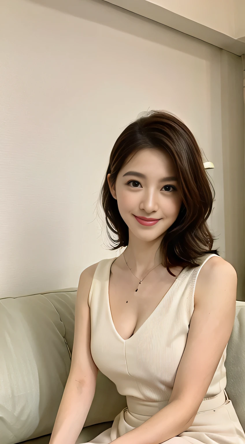 A scene where he kneels down to take a photo of the photoedium.、Two-thirds of the photos are of a kneeling))Highest quality、masterpiece、Ultra-high resolution、(Realistic:1.4)、Japanese women、48-year-old woman,smile,Wavy brunette hair、silk、Orange knit maxi dress(Big Breasts:1.4)、Stand on your own two feet:1.2,Sofa background in the living room,A little chubby:1.2,Straight body,A slightly plump face:1.2,Wrinkles around the eyes,Wrinkles at the corners of the mouth,Perfect body,Accentuate your breasts,Sheer short skirt