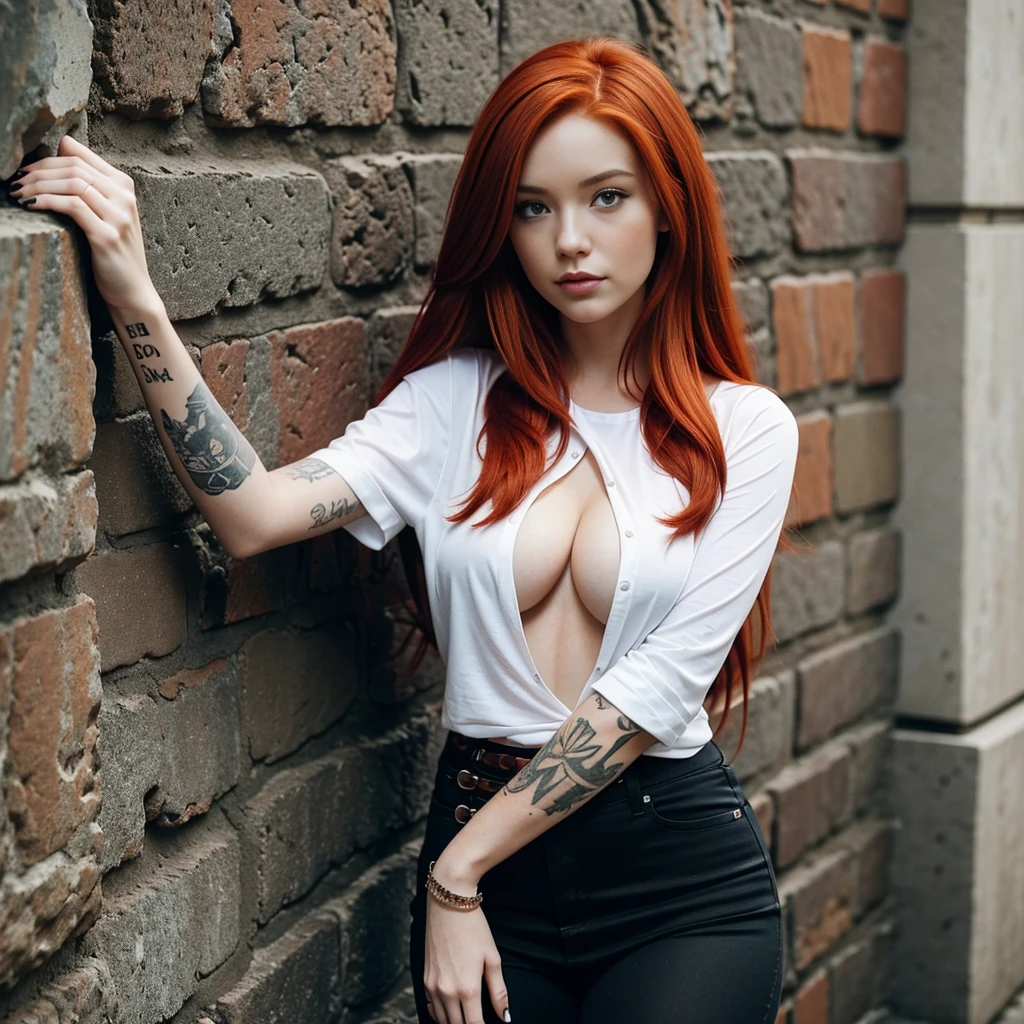 a close up of a woman with red hair leaning against a wall, with tattoos, red hair and attractive features, with long red hair, red hair, long red hair, with red hair, red long hair, tattoo sleeve on her right arm, redhead girl, red hair girl, red waist-long hair, arms behind back, erza scarlet as a real person.sexy waist,sexy boobies and big ass
