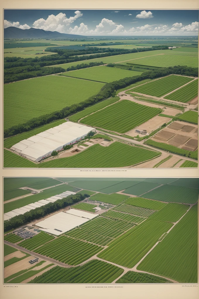 A drawing on an A4 sheet divided into 7 horizontal parts, one part an illustration of a corn plantation, other soy, another dairy production, pig farming, poultry farming, beef cattle breeding other food industry