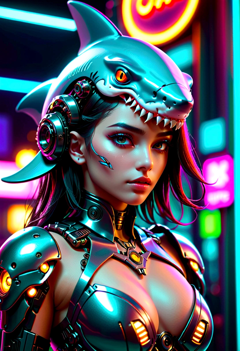 A cyberpunk girl wearing a shark-head mecha, beautiful detailed eyes, beautiful detailed lips, extremely detailed eyes and face, long eyelashes, intricate futuristic machinery, glowing neon lights, dynamic pose, cinematic lighting, vibrant neon colors, hyper-detailed, 4k, 8k, photorealistic, masterpiece