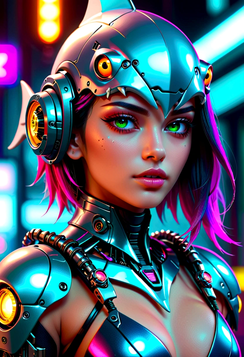 A cyberpunk girl wearing a shark-head mecha, beautiful detailed eyes, beautiful detailed lips, extremely detailed eyes and face, long eyelashes, intricate futuristic machinery, glowing neon lights, dynamic pose, cinematic lighting, vibrant neon colors, hyper-detailed, 4k, 8k, photorealistic, masterpiece