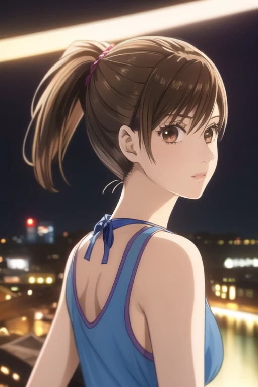 masterpiece, best quality, ultra-detailed, 1girl, solo, looking at viewer, chihaya_ayase, brown hair, brown eyes, bikini ,ponytail ,upper body,city lights on background, halft tank top