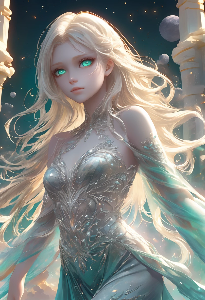 High resolution RAW color art, animation,Sculpture, Silver Marble Skin, (((Highly detailed elegant))), Magical atmosphere, Detailed skin, texture,(Exquisitely crafted, The finer details, Ultra-detailed art), Depth of written boundary, Bokeh, Silky Touch, Hyper Detail,,euphilia, One Girl,Anime girl with long blonde hair and dark turquoise eyes in a white dress, Green Eyes,Beautiful Eyes, Elegant face, Magic City, sunrise, Upper Body, (Big Hips, View from below), Under the chest