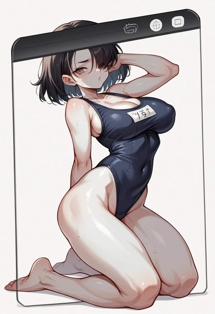 masterpiece,Highest quality,High resolution,shape,Very detailed,8K ,Super adopted, Super detailed girls, Ultra-fine illustrations, break, Anatomically correct, Perfect female body, high school student, One Girl, Black oversized swimsuit, White background, Large Chest, Kneeling,((Emphasis on the crotch)) Black hair parted in the middle, Forehead, (((Full body image))),(((See yourself on screen from head to toe:1.2))),(Hair on one eye:1.6), (White skin)
