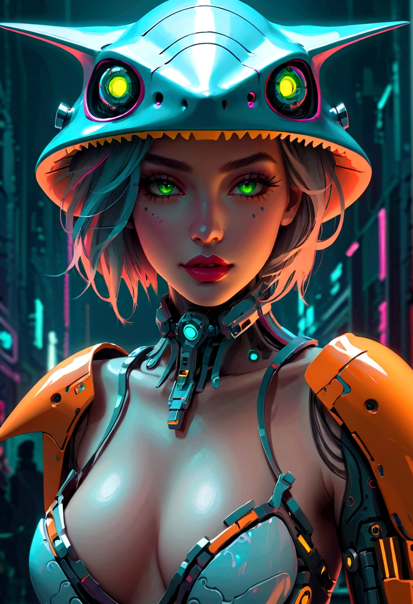 A cyberpunk girl wearing a shark-head mecha, beautiful detailed eyes, beautiful detailed lips, extremely detailed eyes and face, long eyelashes, intricate futuristic machinery, glowing neon lights, dynamic pose, cinematic lighting, vibrant neon colors, hyper-detailed, 4k, 8k, photorealistic, masterpiece