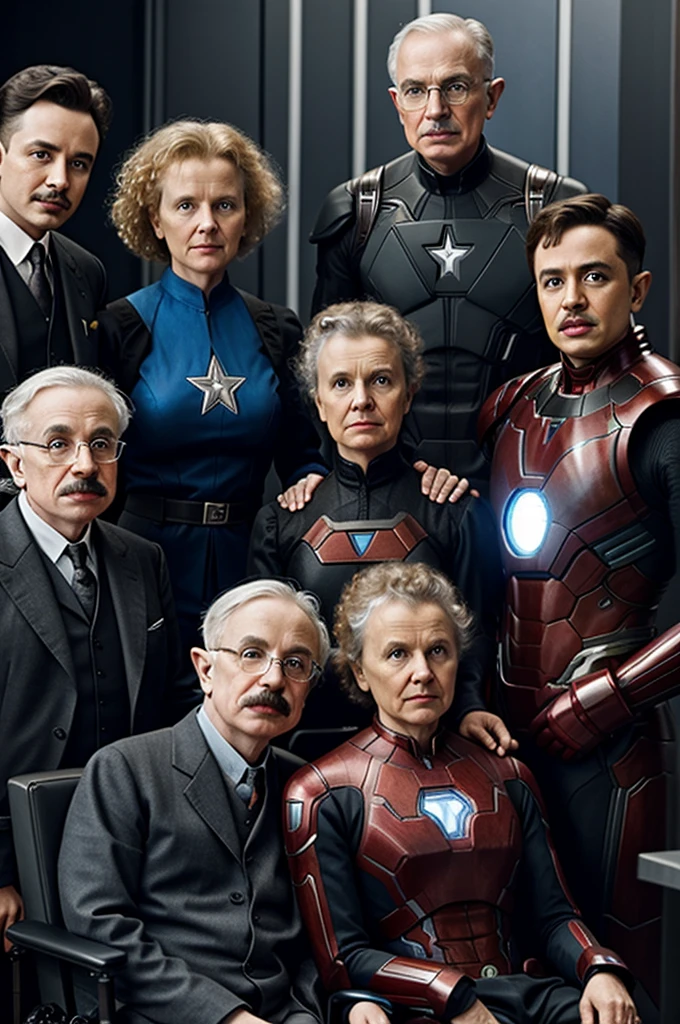 Einstein, tesla, Marie Curie, Stephen Hawking in a superhero costume as part of the Avengers.