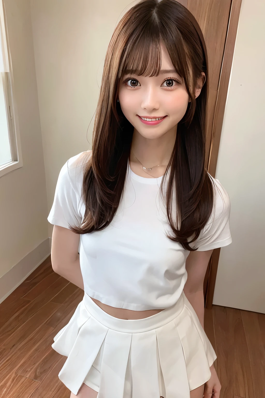 Highest quality、Ultra-high resolution、ponytail、View your viewers、((A smile showing white teeth:1.hirt lift、Chest-length shirt、Tight shirt、Tight Skirt、Short skirt、You can see right down to your feet、Thin thighs、(Photorealistic:1.4)、1 girl、(Thin thighs)、(Faded brown hair : 1)、Long Hair、 (Small breas、View your viewers、 Inside the room、Selfie feeling